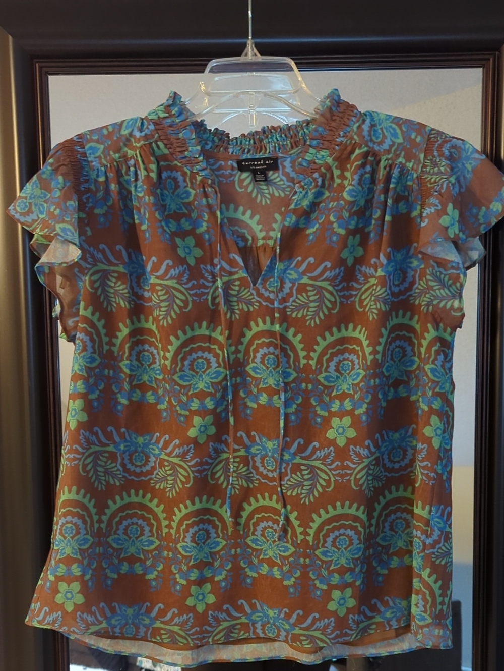 Current Air Brown Blouse with Blue-Green Floral Print
